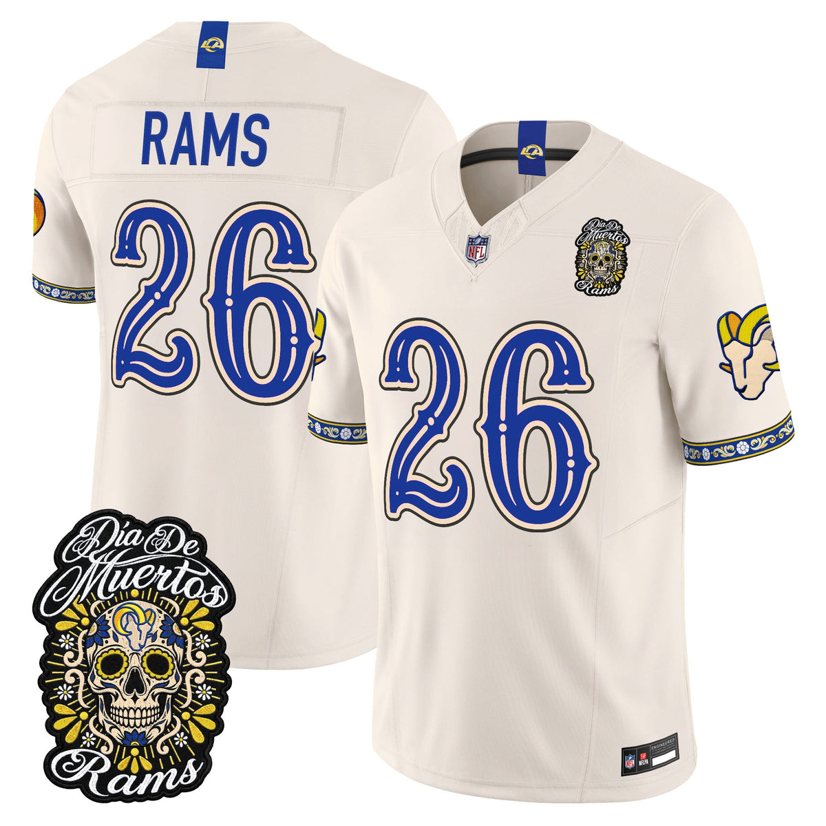 Men's Los Angeles Rams Día de los Muertos Vapor Limited Jersey - All Stitched - Bone - #26 Rams