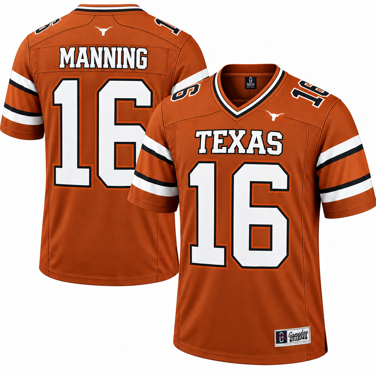 Texas Orange Texas Longhorns Arch Manning number 16 stitched football jersey, front and back views