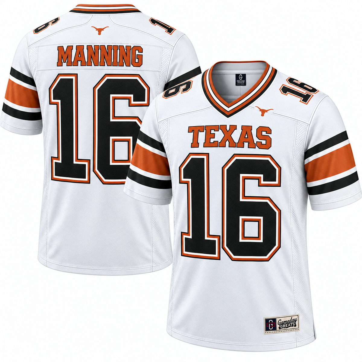 White Texas Longhorns Arch Manning number 16 stitched football jersey, front and back views