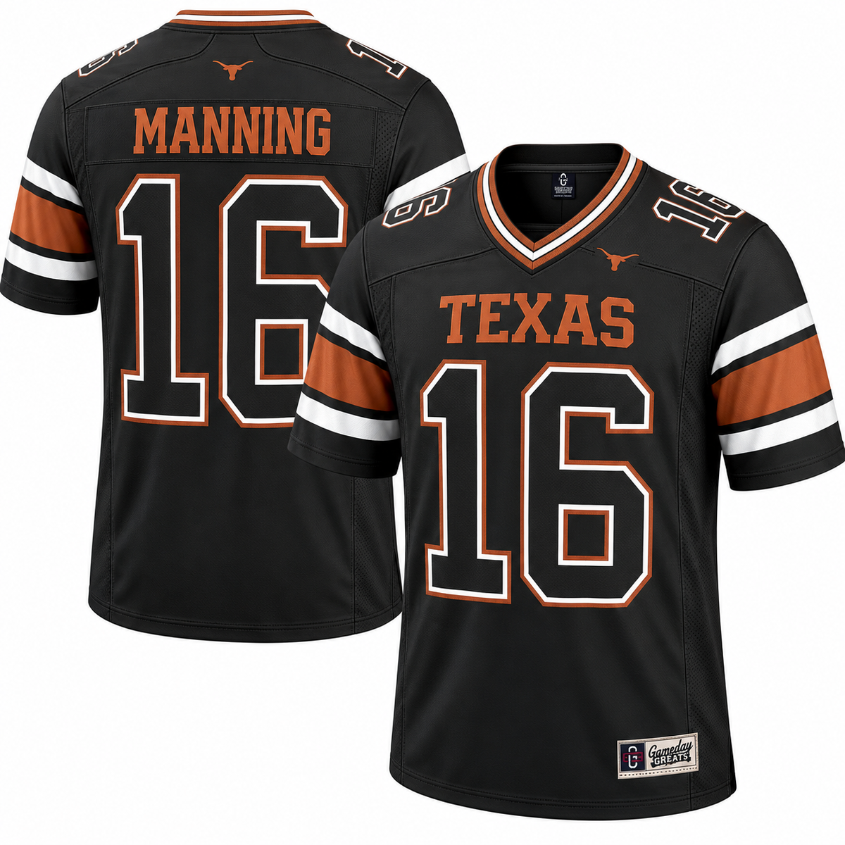 Black Texas Longhorns Arch Manning number 16 stitched football jersey, front and back views