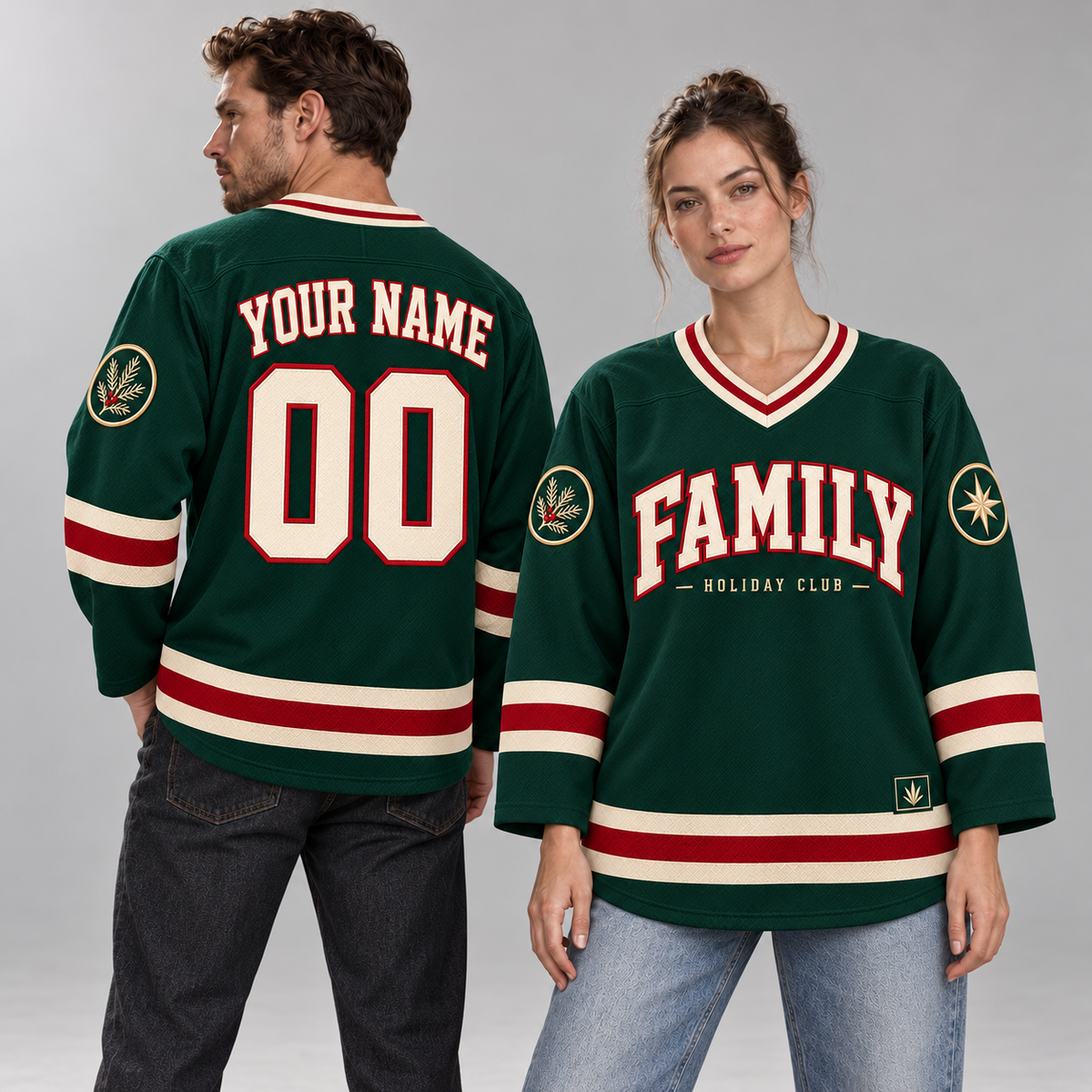 Family Holiday Club Custom Hockey Jersey - All Stitched - Evergreen studio photo