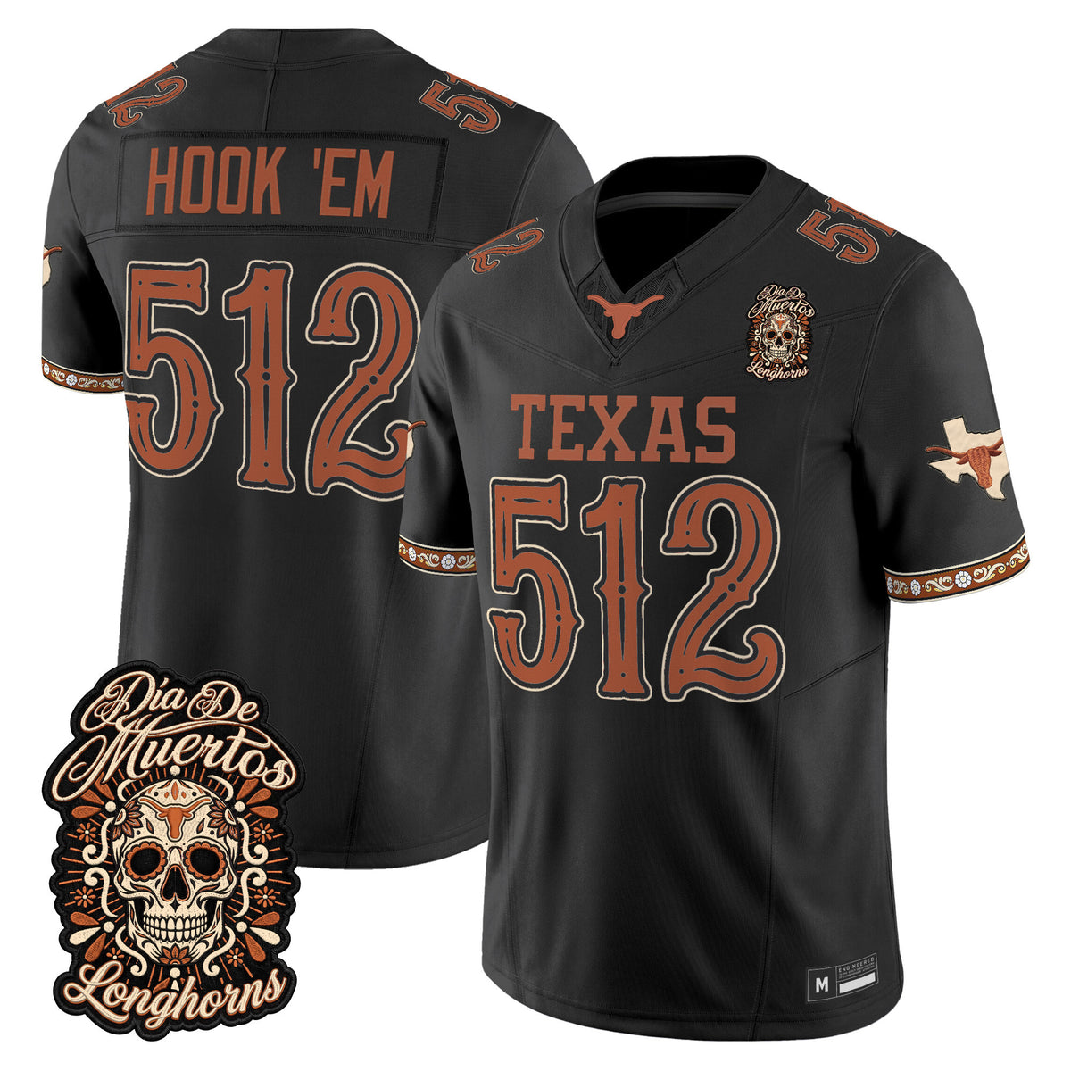Men's Texas Longhorns Día de los Muertos Vapor Limited Jersey - All Stitched - BLACK - HOOK 'EM 512