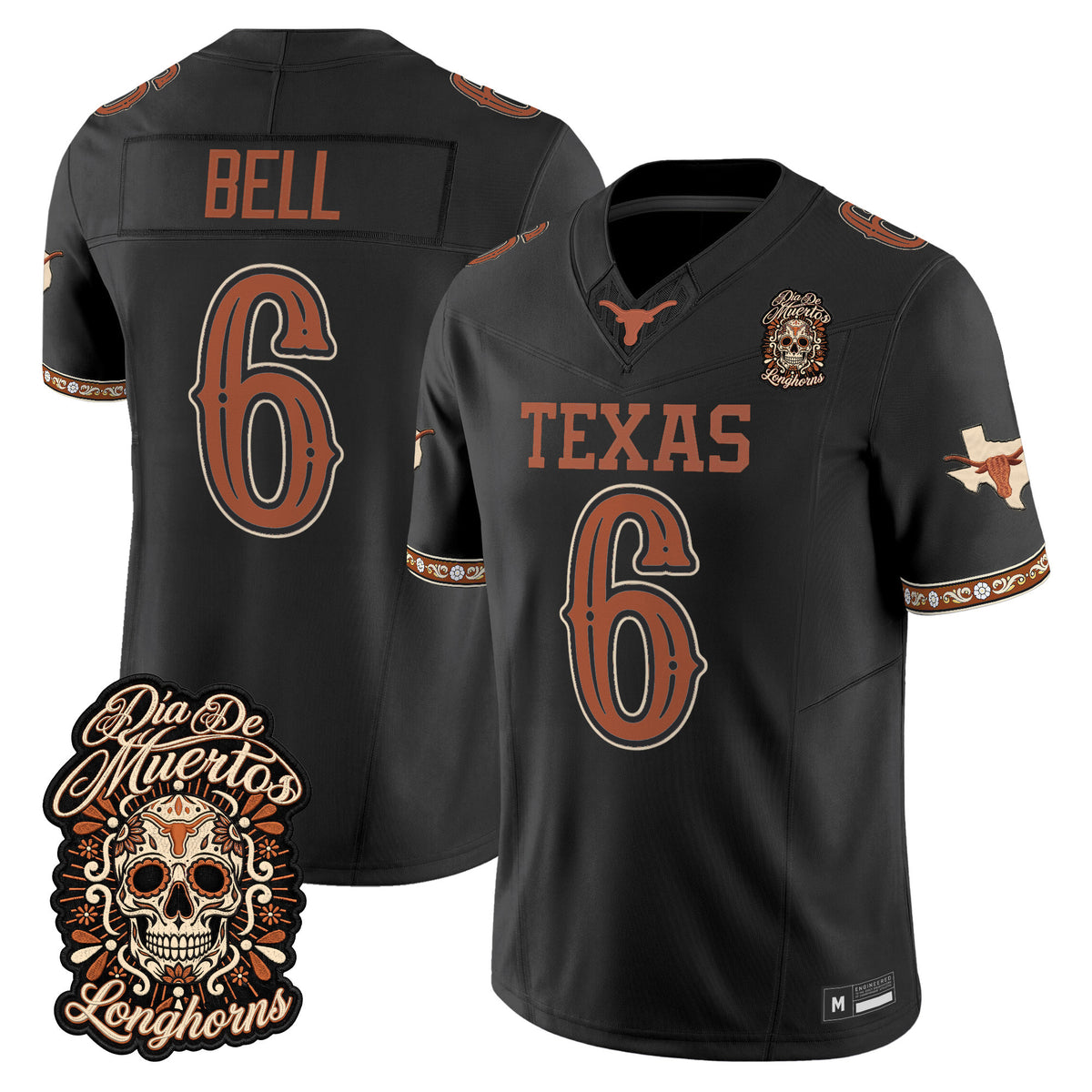 Men's Texas Longhorns Día de los Muertos Vapor Limited Jersey - All Stitched - BLACK - DIA BELL