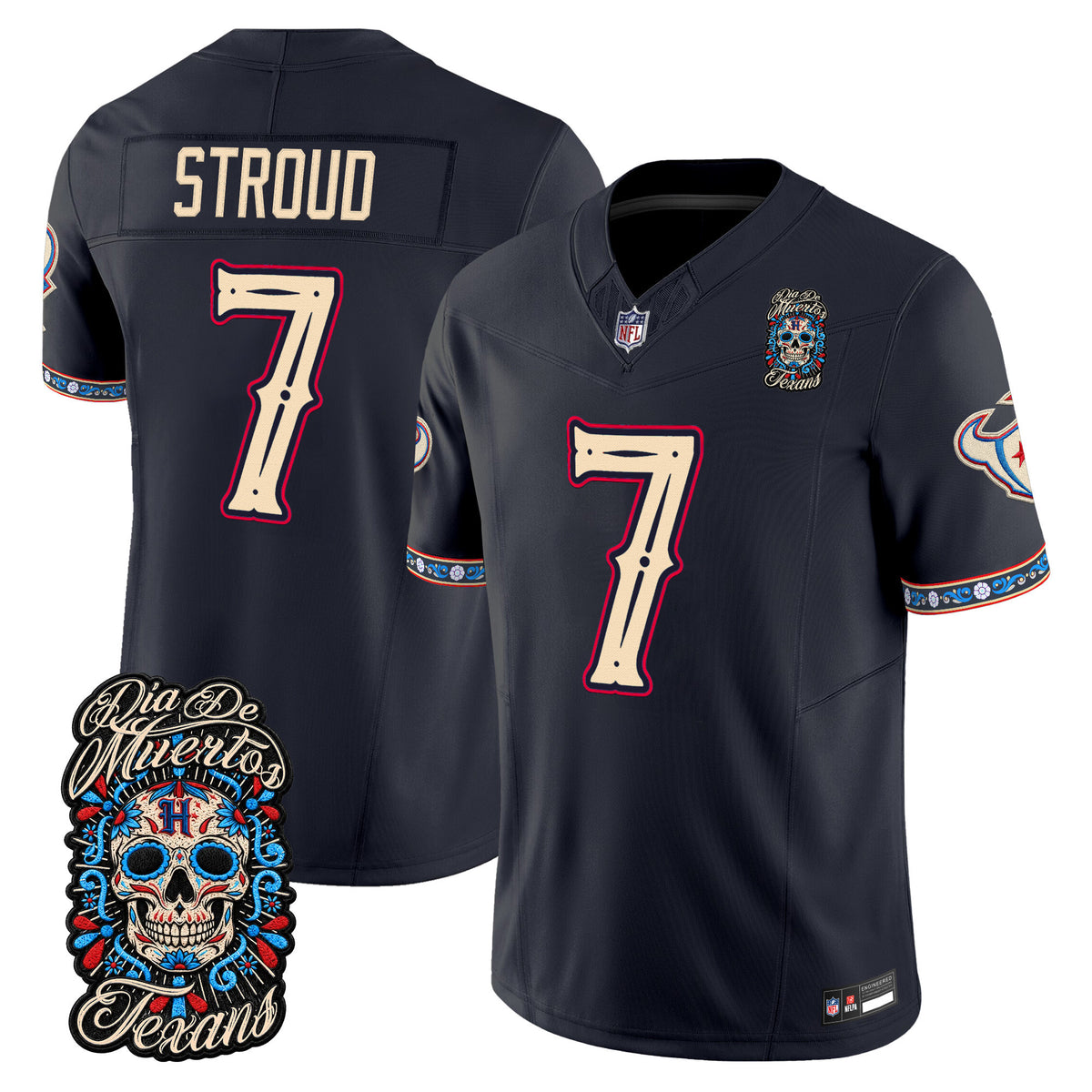 Men's Houston Texans Día de los Muertos Vapor Limited Jersey - All Stitched - Navy - C.J. Stroud