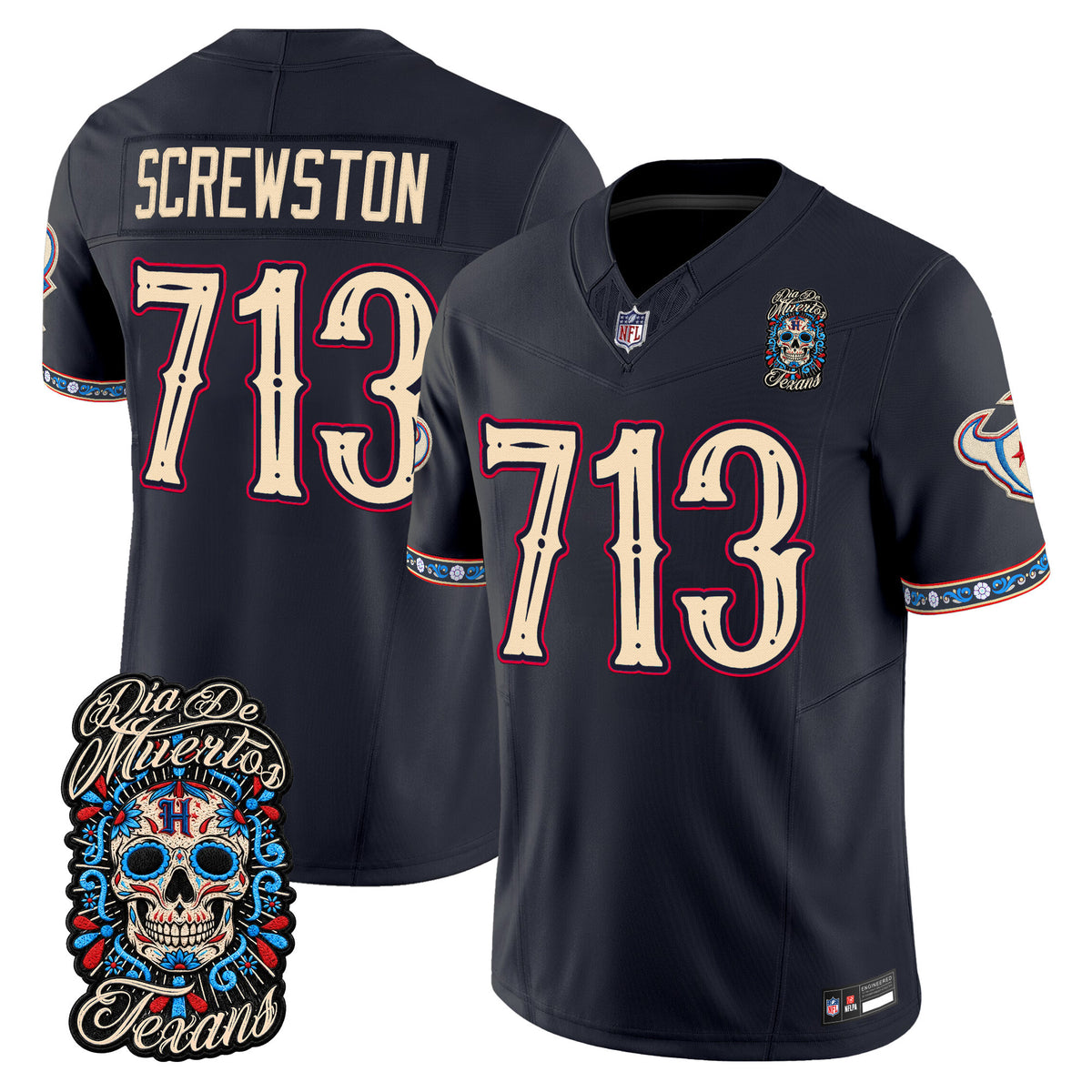 Men's Houston Texans Día de los Muertos Vapor Limited Jersey - All Stitched - Navy - Screwston 713