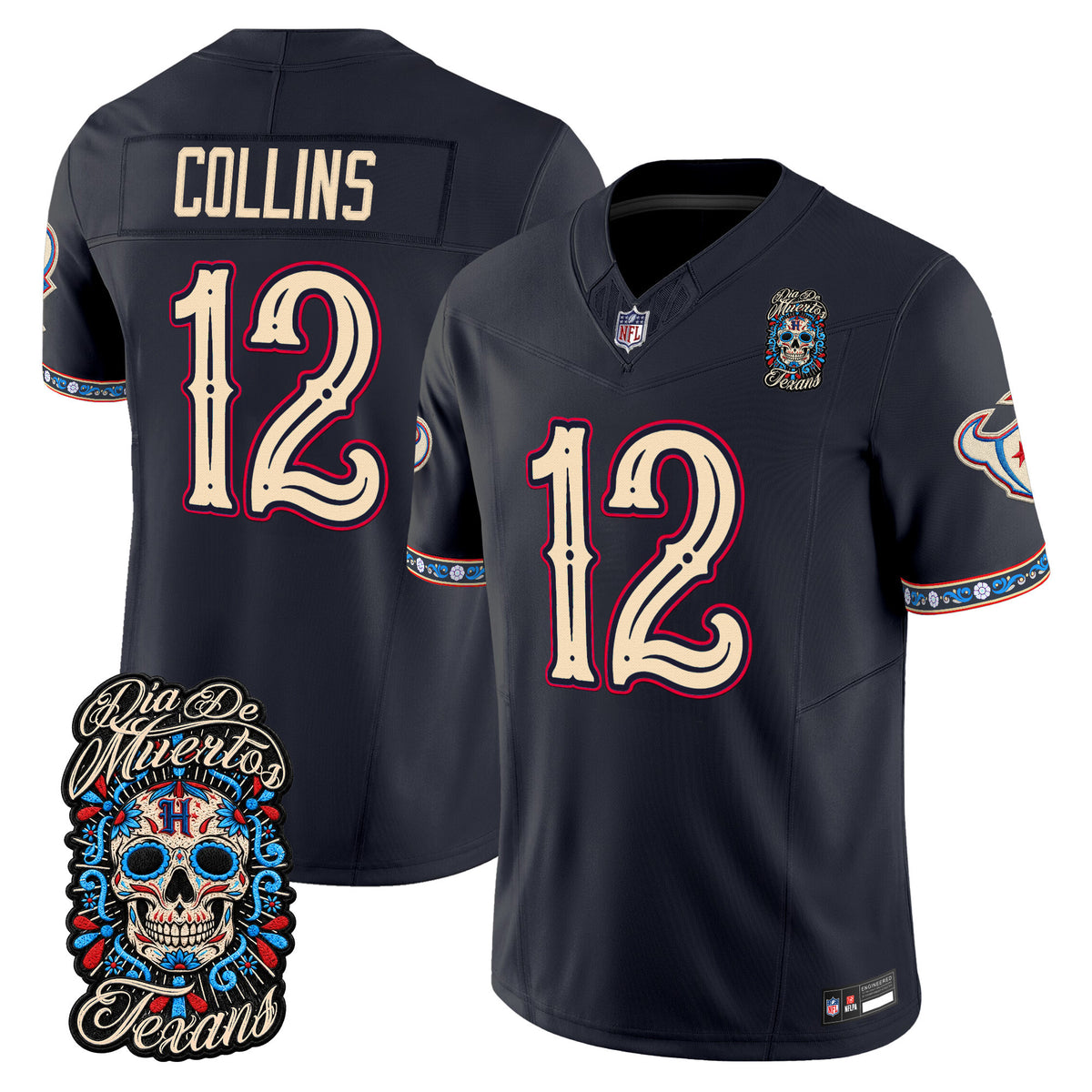 Men's Houston Texans Día de los Muertos Vapor Limited Jersey - All Stitched - Navy - Nico Collins