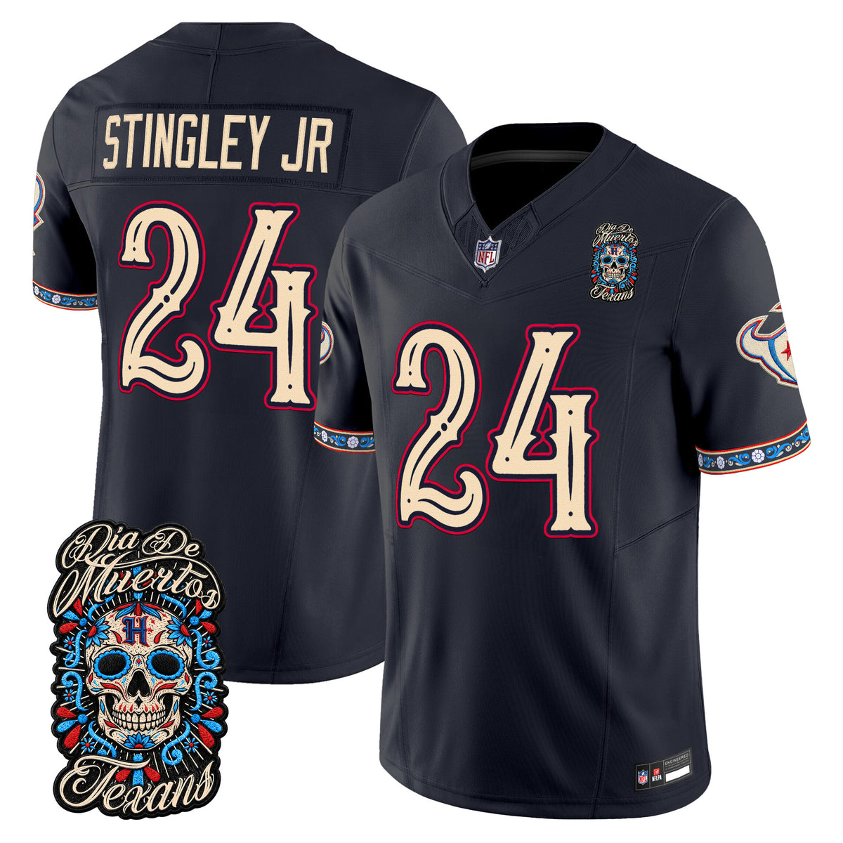 Men's Houston Texans Día de los Muertos Vapor Limited Jersey - All Stitched - Navy - Derek Stingley Jr.