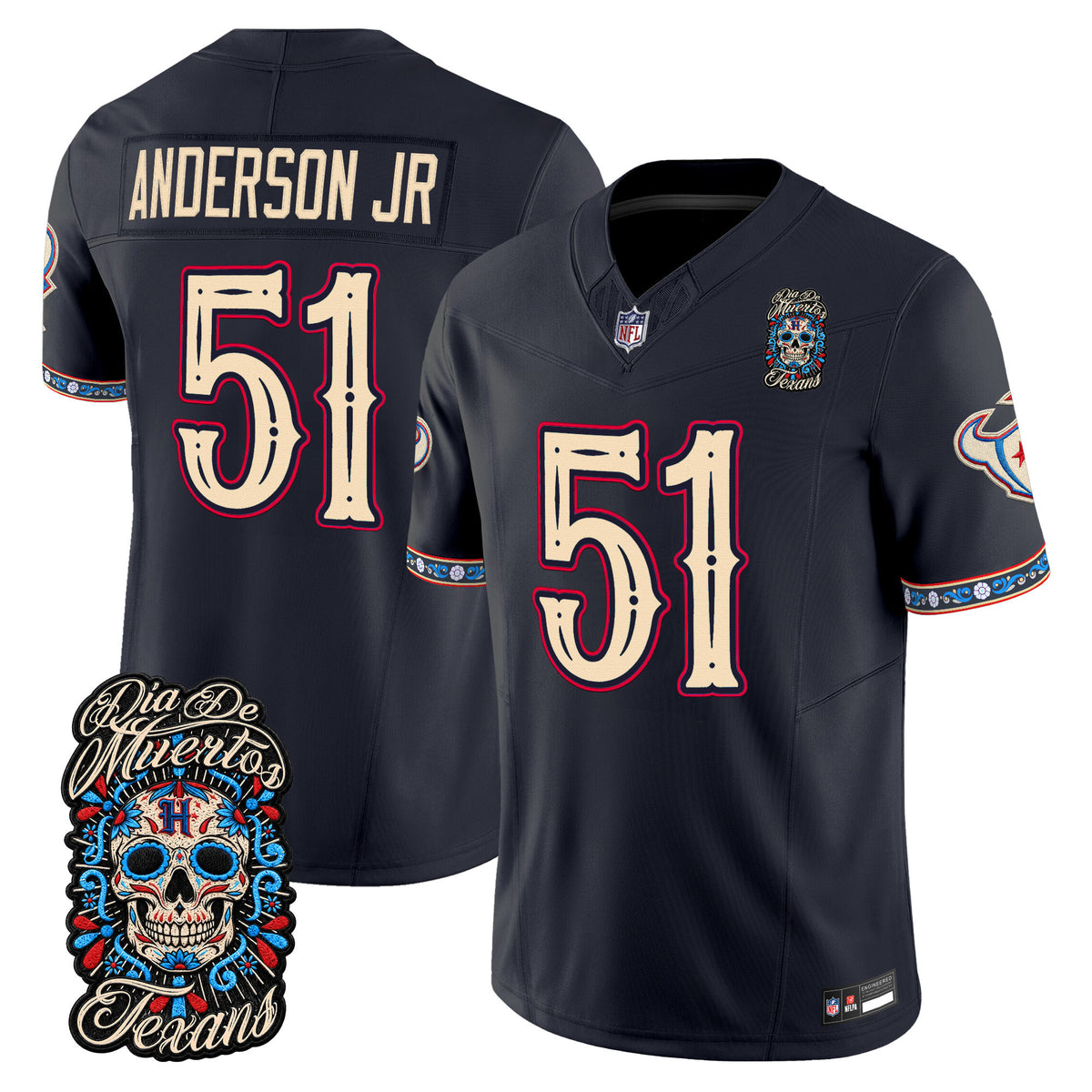 Men's Houston Texans Día de los Muertos Vapor Limited Jersey - All Stitched - Navy - Will Anderson Jr.