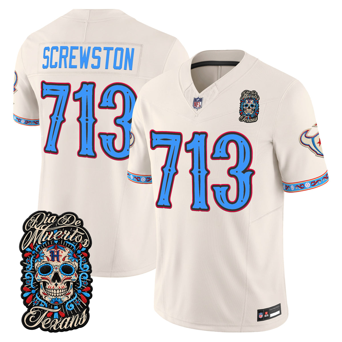 Men's Houston Texans Día de los Muertos Vapor Limited Jersey - All Stitched - Bone - Screwston 713