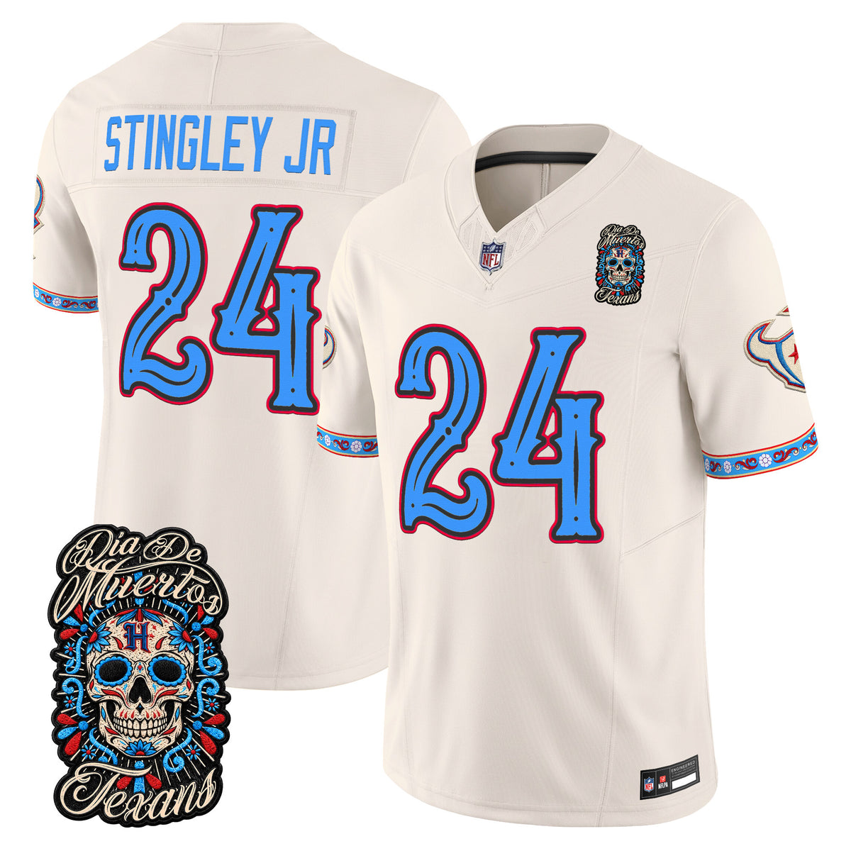 Men's Houston Texans Día de los Muertos Vapor Limited Jersey - All Stitched - Bone - Derek Stingley Jr.