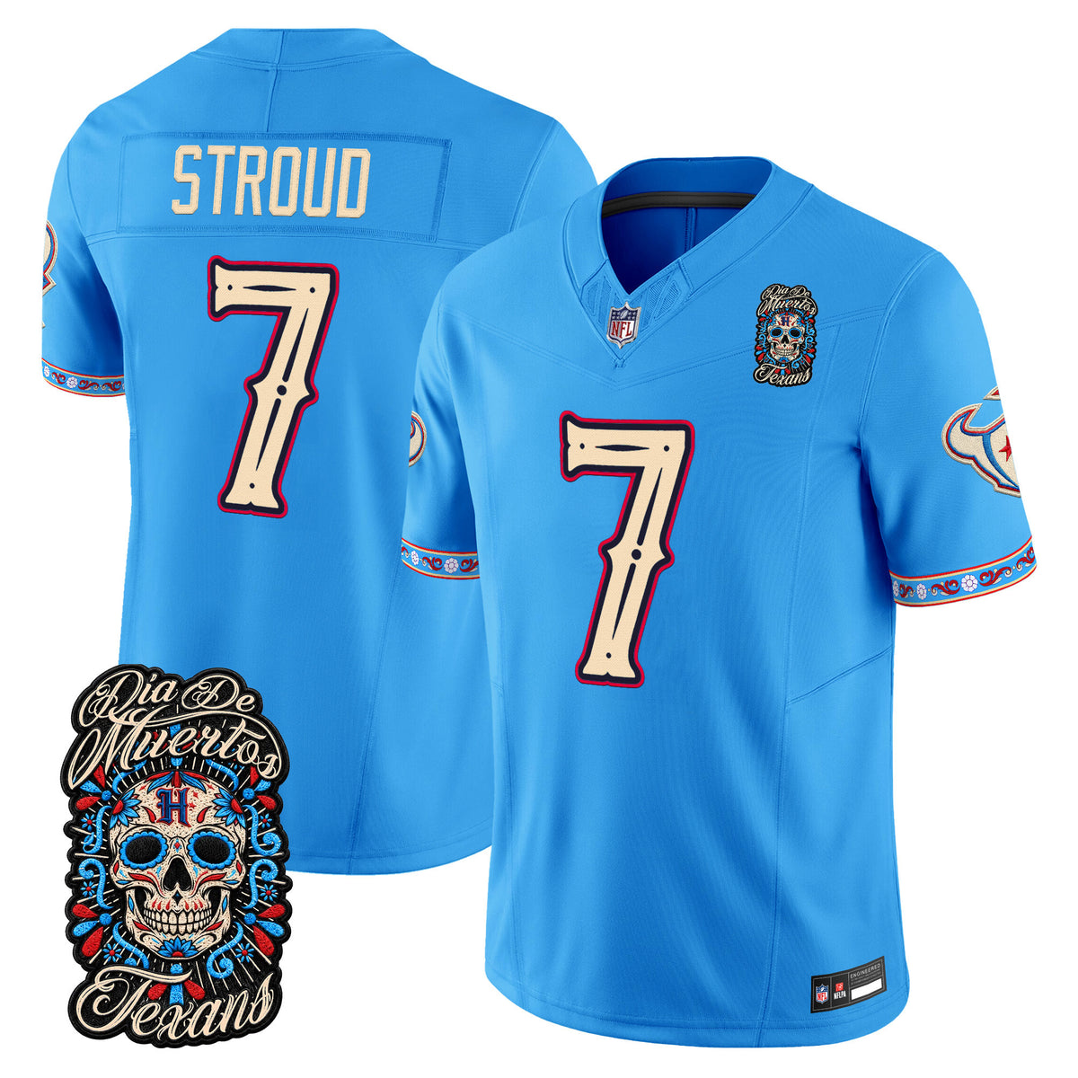Men's Houston Texans Día de los Muertos Vapor Limited Jersey - All Stitched - Blue - C.J. Stroud