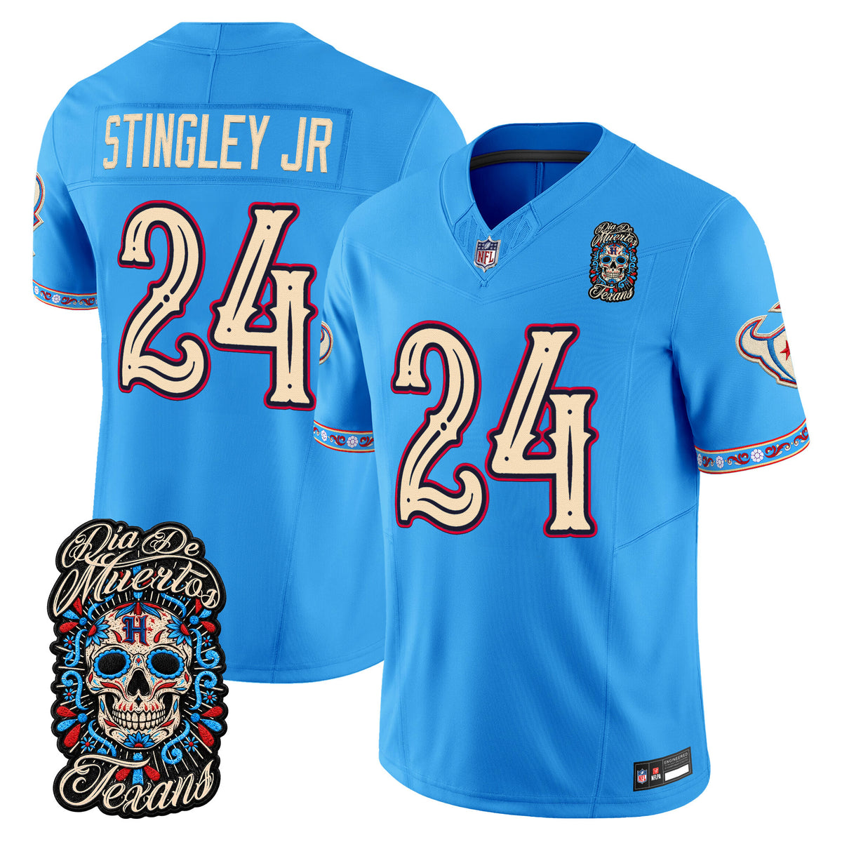 Men's Houston Texans Día de los Muertos Vapor Limited Jersey - All Stitched - Blue - Derek Stingley Jr.