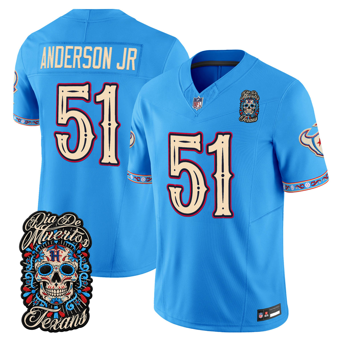 Men's Houston Texans Día de los Muertos Vapor Limited Jersey - All Stitched - Blue - Will Anderson Jr.