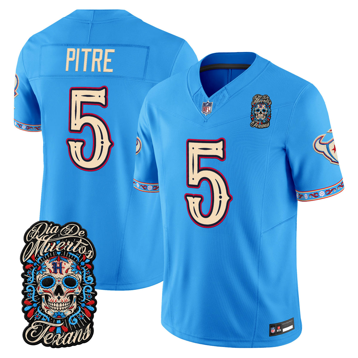 Men's Houston Texans Día de los Muertos Vapor Limited Jersey - All Stitched - Blue - Jalen Pitre