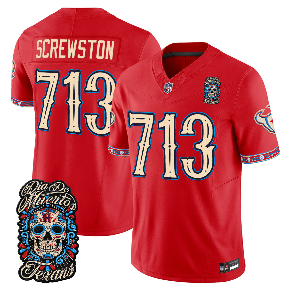 Men's Houston Texans Día de los Muertos Vapor Limited Jersey - All Stitched - Red - Screwston 713