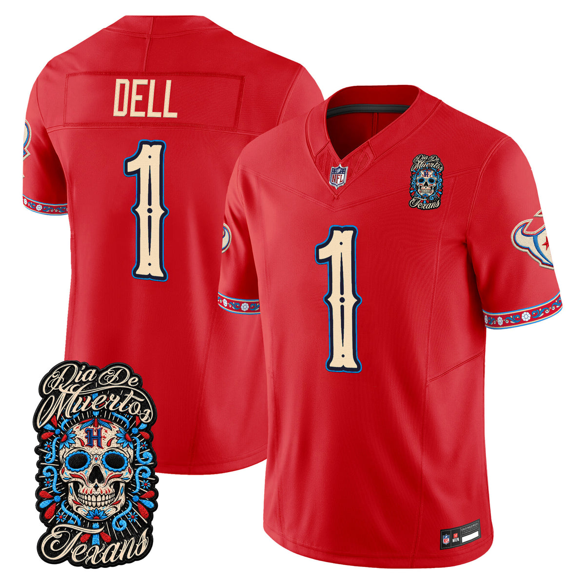 Men's Houston Texans Día de los Muertos Vapor Limited Jersey - All Stitched - Red - Tank Dell