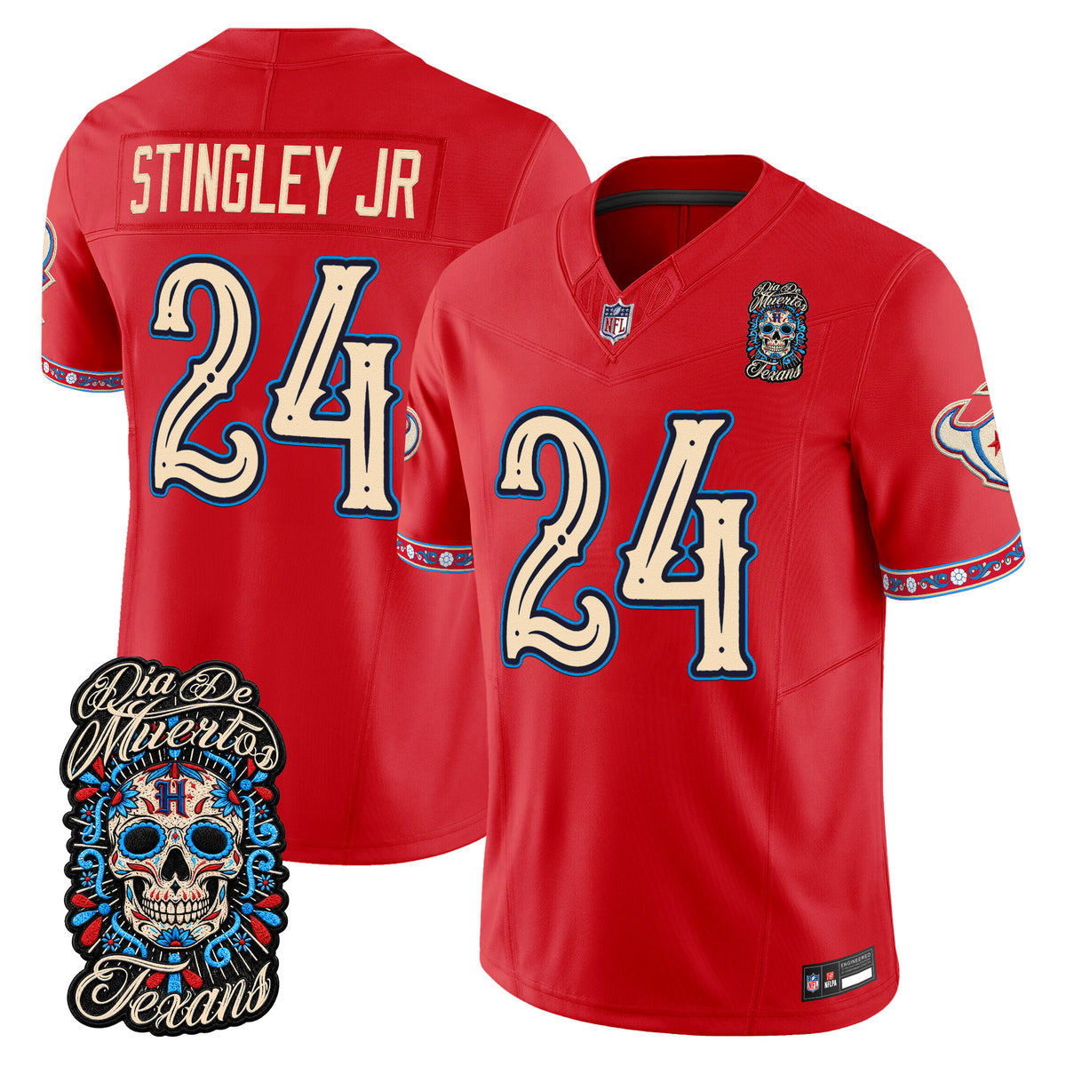Men's Houston Texans Día de los Muertos Vapor Limited Jersey - All Stitched - Red - Derek Stingley Jr.