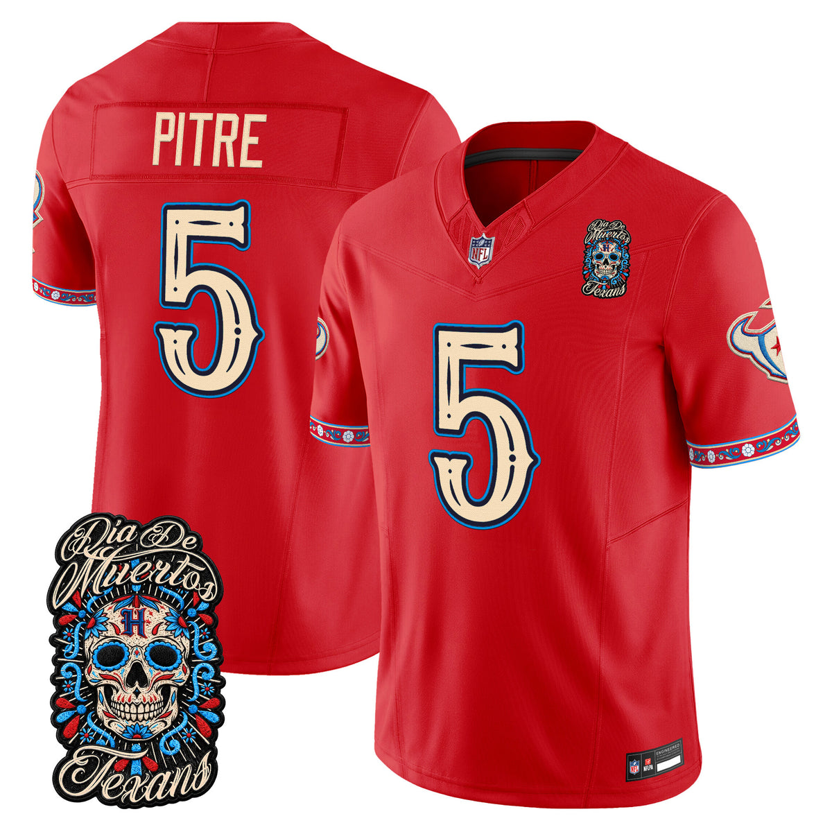 Men's Houston Texans Día de los Muertos Vapor Limited Jersey - All Stitched - Red - Jalen Pitre