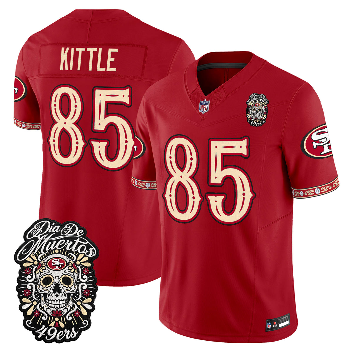 Men's San Francisco 49ers Día de los Muertos Vapor Limited Jersey - All Stitched - Scarlet - George Kittle
