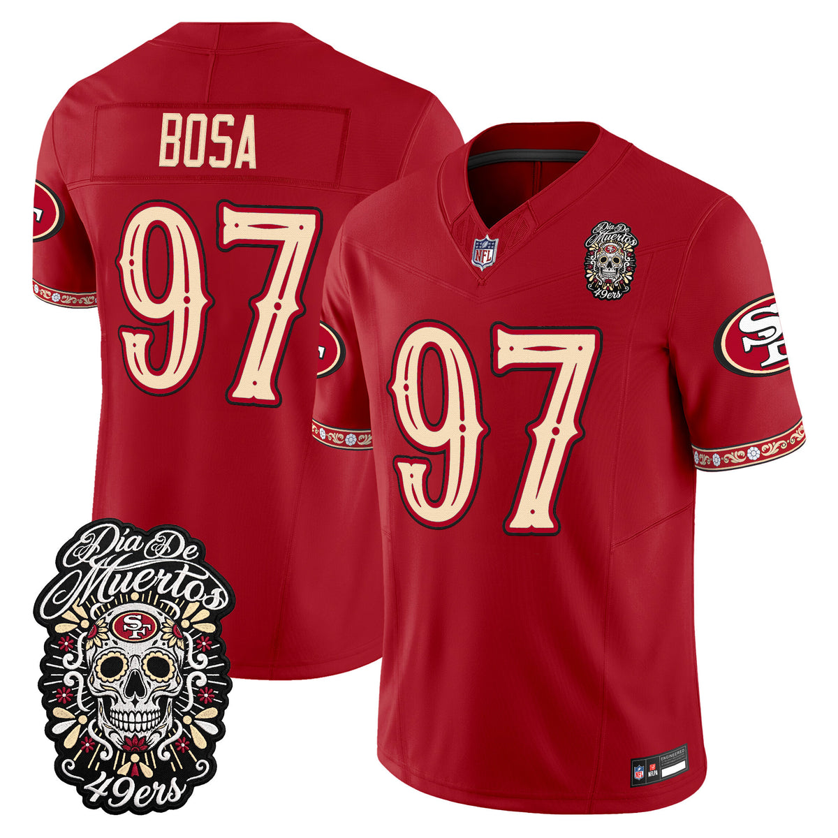 Men's San Francisco 49ers Día de los Muertos Vapor Limited Jersey - All Stitched - Scarlet - Nick Bosa