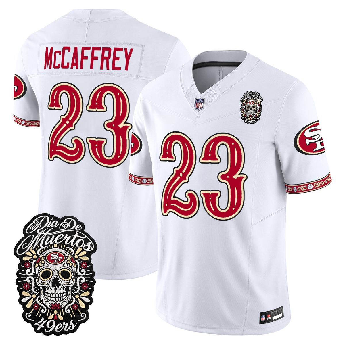 Men's San Francisco 49ers Día de los Muertos Vapor Limited Jersey - All Stitched - White - Christian Mccaffrey