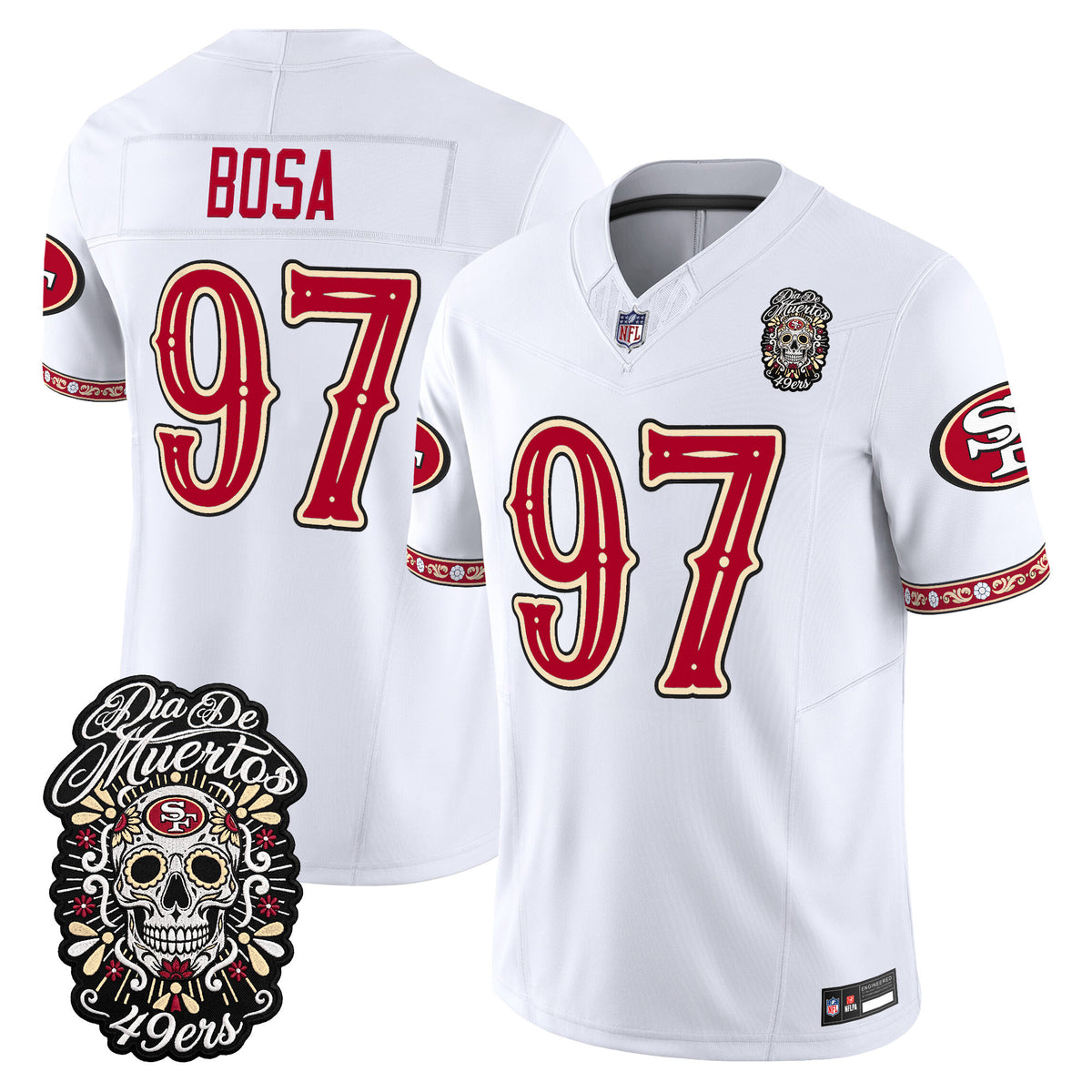 Men's San Francisco 49ers Día de los Muertos Vapor Limited Jersey - All Stitched - White - Nick Bosa
