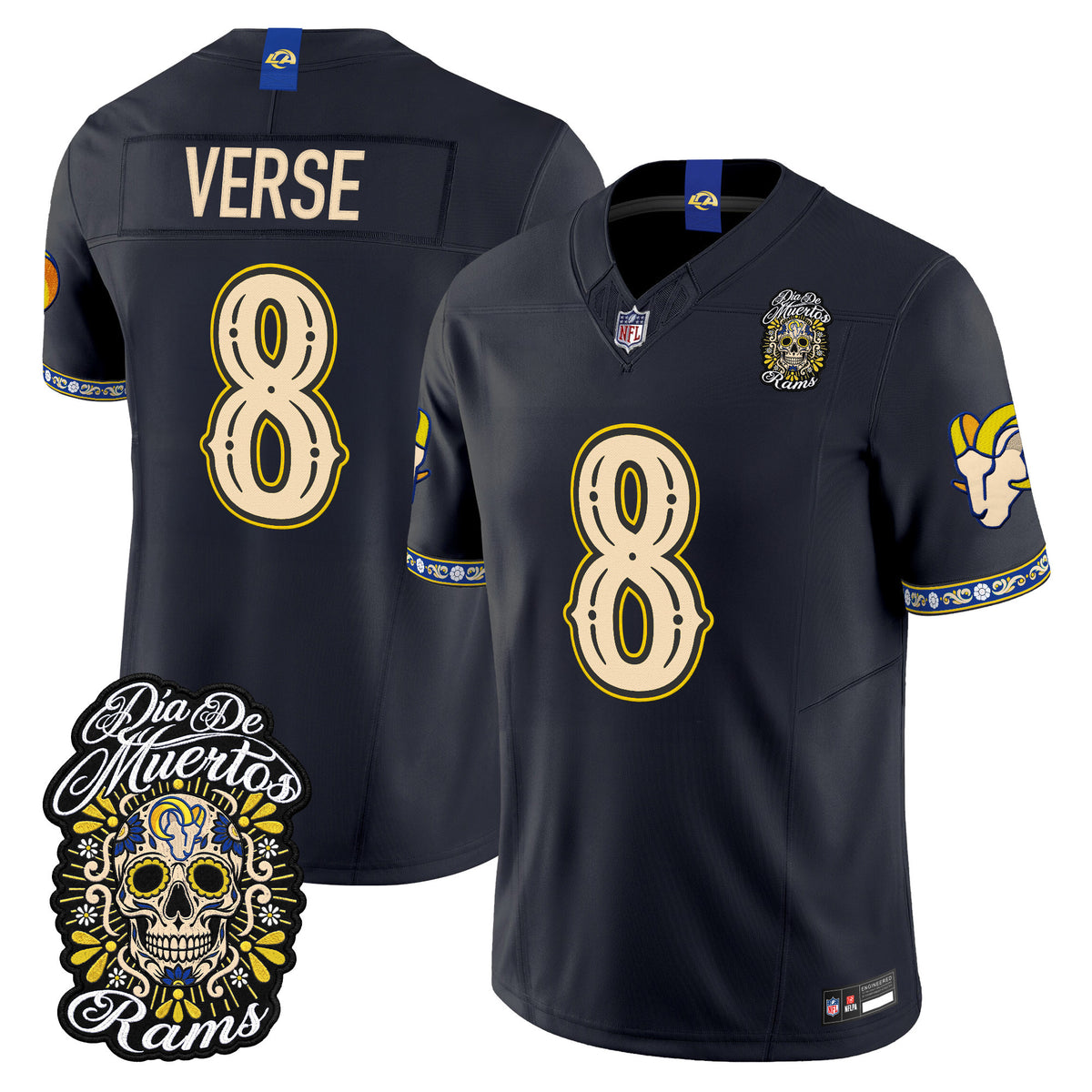 Men's Los Angeles Rams Día de los Muertos Vapor Limited Jersey - All Stitched - Dark Blue - Jared Verse