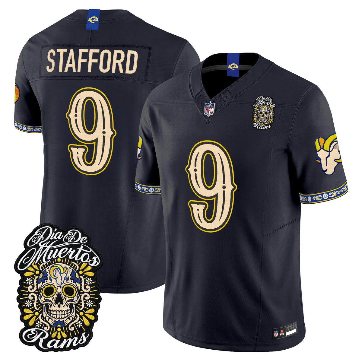 Men's Los Angeles Rams Día de los Muertos Vapor Limited Jersey - All Stitched - Dark Blue - Matthew Stafford