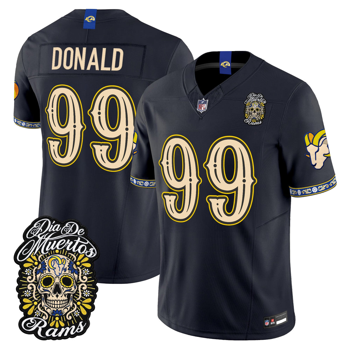 Men's Los Angeles Rams Día de los Muertos Vapor Limited Jersey - All Stitched - Dark Blue - Aaron Donald