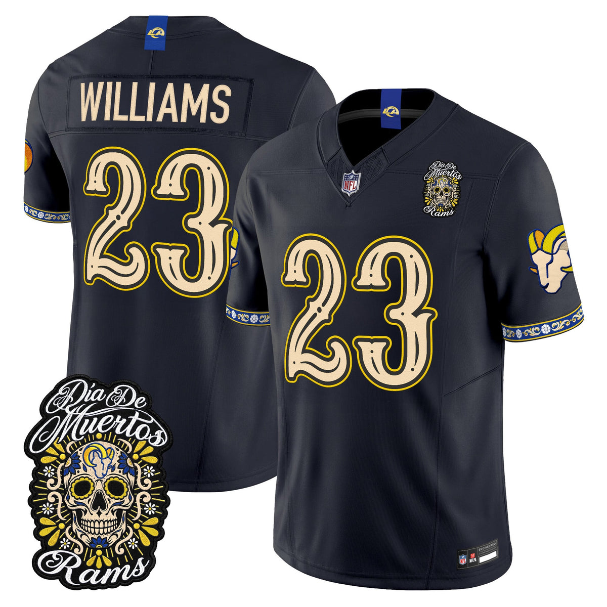 Men's Los Angeles Rams Día de los Muertos Vapor Limited Jersey - All Stitched - Dark Blue - Kyren Williams