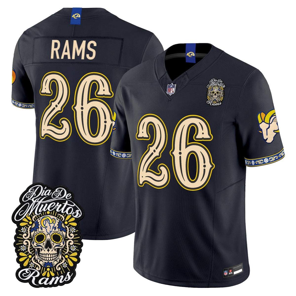 Men's Los Angeles Rams Día de los Muertos Vapor Limited Jersey - All Stitched - Dark Blue - #26 Rams