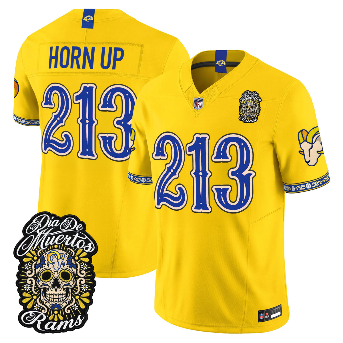 Men's Los Angeles Rams Día de los Muertos Vapor Limited Jersey - All Stitched - Gold - Horn Up 213