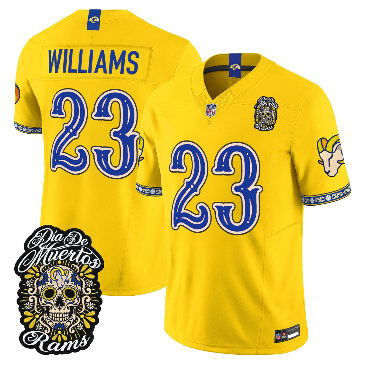 Men's Los Angeles Rams Día de los Muertos Vapor Limited Jersey - All Stitched - Gold - Kyren Williams
