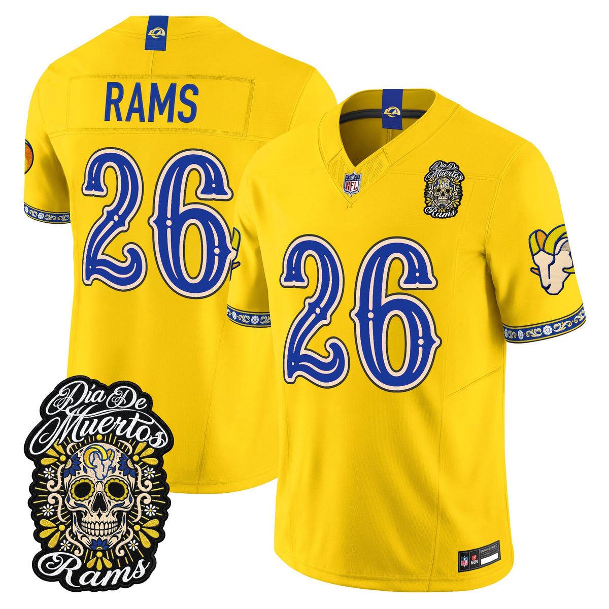 Men's Los Angeles Rams Día de los Muertos Vapor Limited Jersey - All Stitched - Gold - #26 Rams