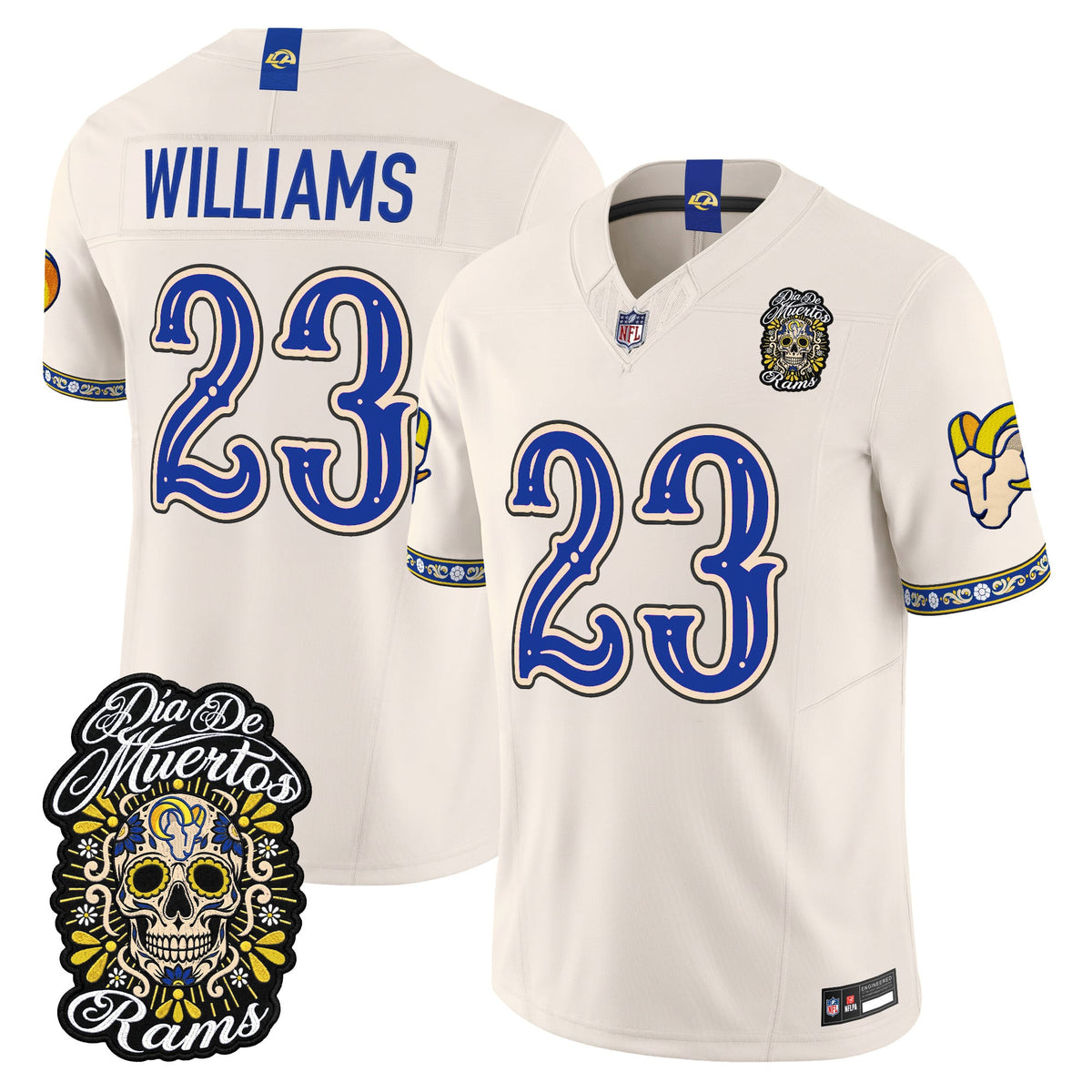 Men's Los Angeles Rams Día de los Muertos Vapor Limited Jersey - All Stitched - Bone - Kyren Williams