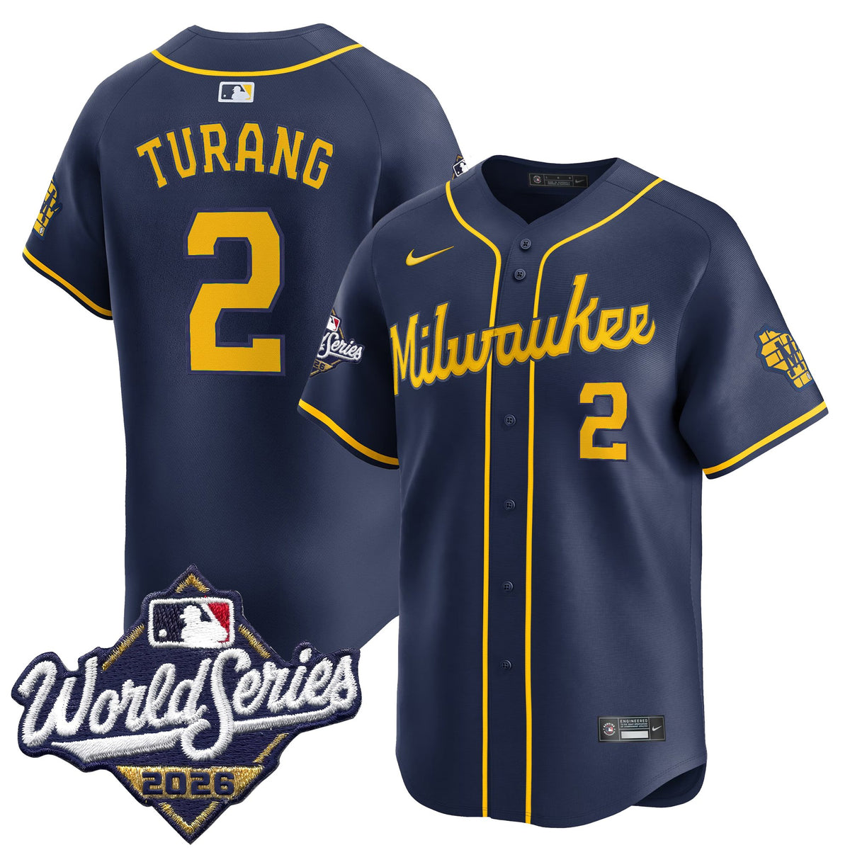 Men's Milwaukee Brewers 2026 World Series Vapor Premier Limited Jersey - All Stitched - Navy - Brice Turang