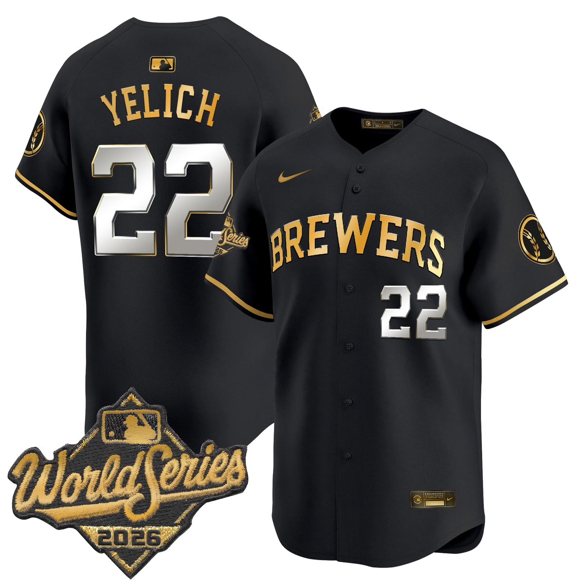 Men's Milwaukee Brewers 2026 World Series Vapor Premier Limited Jersey - All Stitched - Black Gold - Christian Yelich
