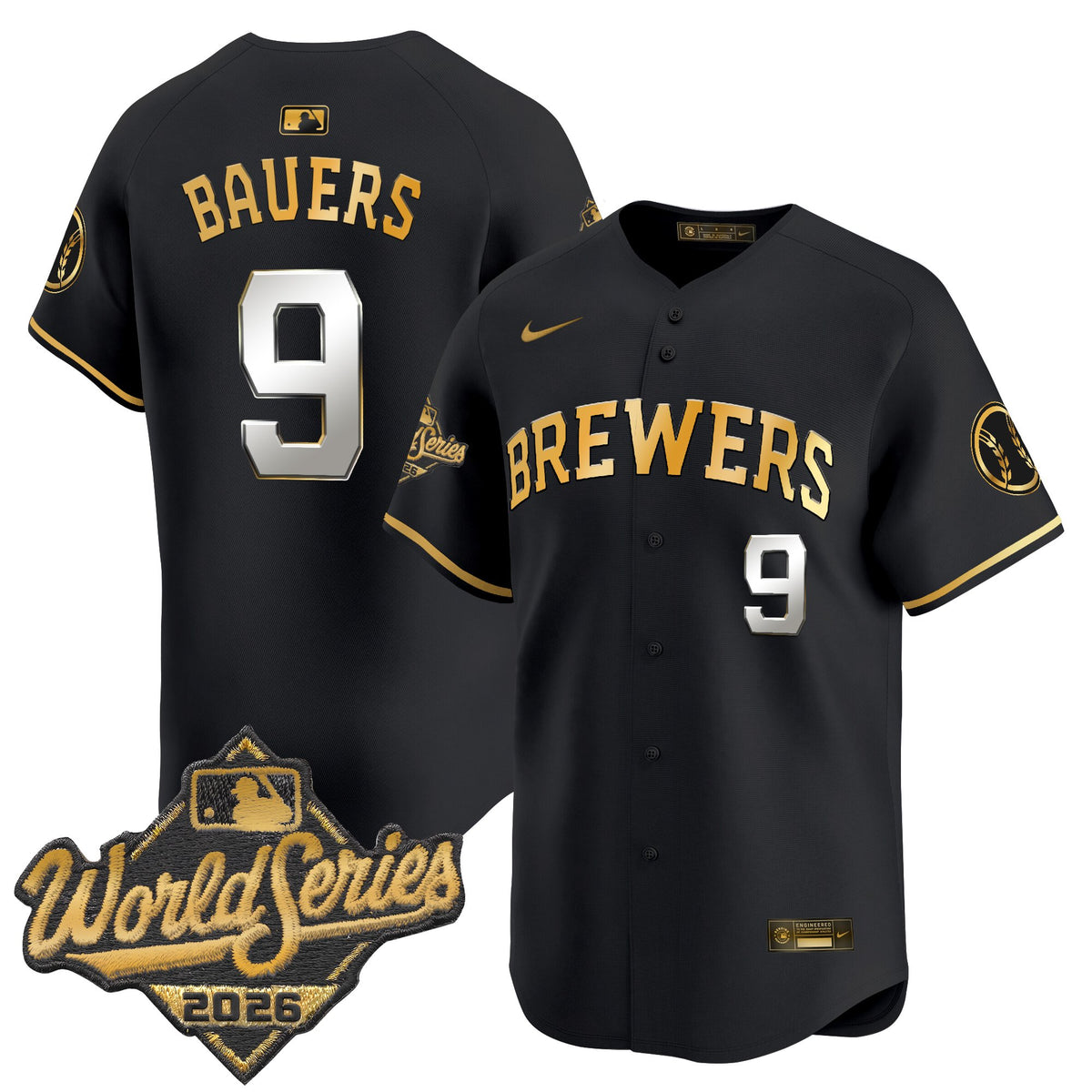 Men's Milwaukee Brewers 2026 World Series Vapor Premier Limited Jersey - All Stitched - Black Gold - Jake Bauers