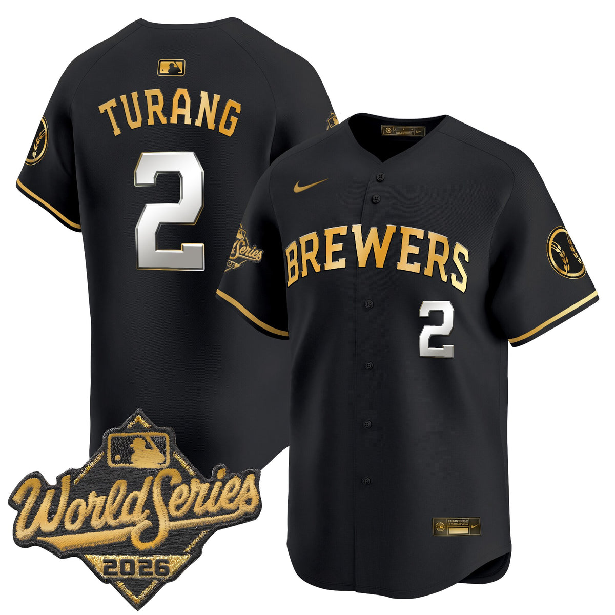 Men's Milwaukee Brewers 2026 World Series Vapor Premier Limited Jersey - All Stitched - Black Gold - Brice Turang