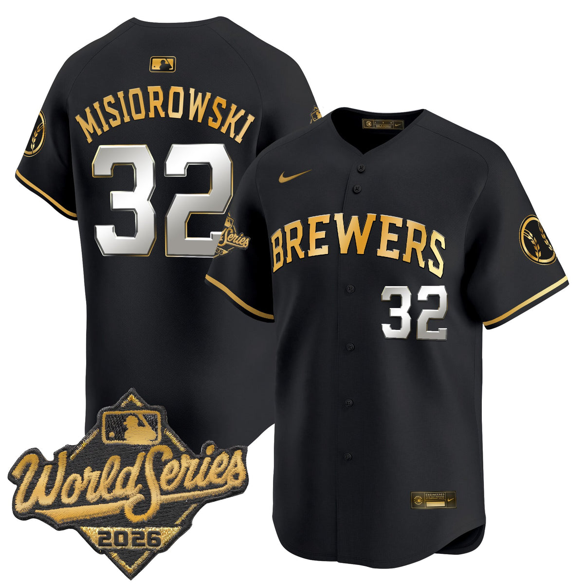 Men's Milwaukee Brewers 2026 World Series Vapor Premier Limited Jersey - All Stitched - Black Gold - Jacob Misiorowski