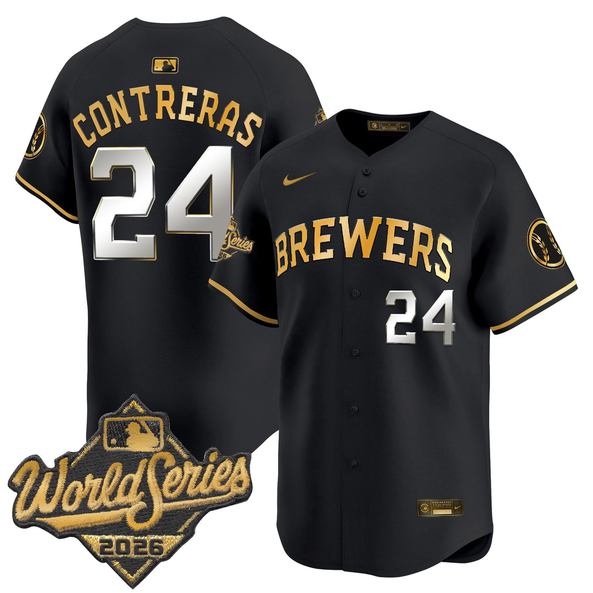 Men's Milwaukee Brewers 2026 World Series Vapor Premier Limited Jersey - All Stitched - Black Gold - William Contreras