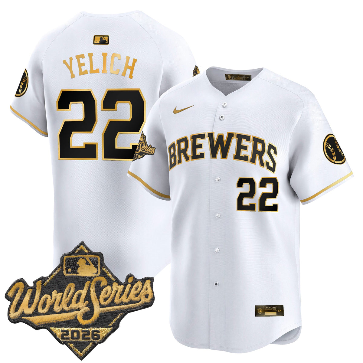 Men's Milwaukee Brewers 2026 World Series Vapor Premier Limited Jersey - All Stitched - White Gold - Christian Yelich
