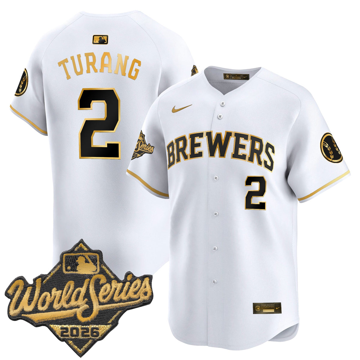 Men's Milwaukee Brewers 2026 World Series Vapor Premier Limited Jersey - All Stitched - White Gold - Brice Turang