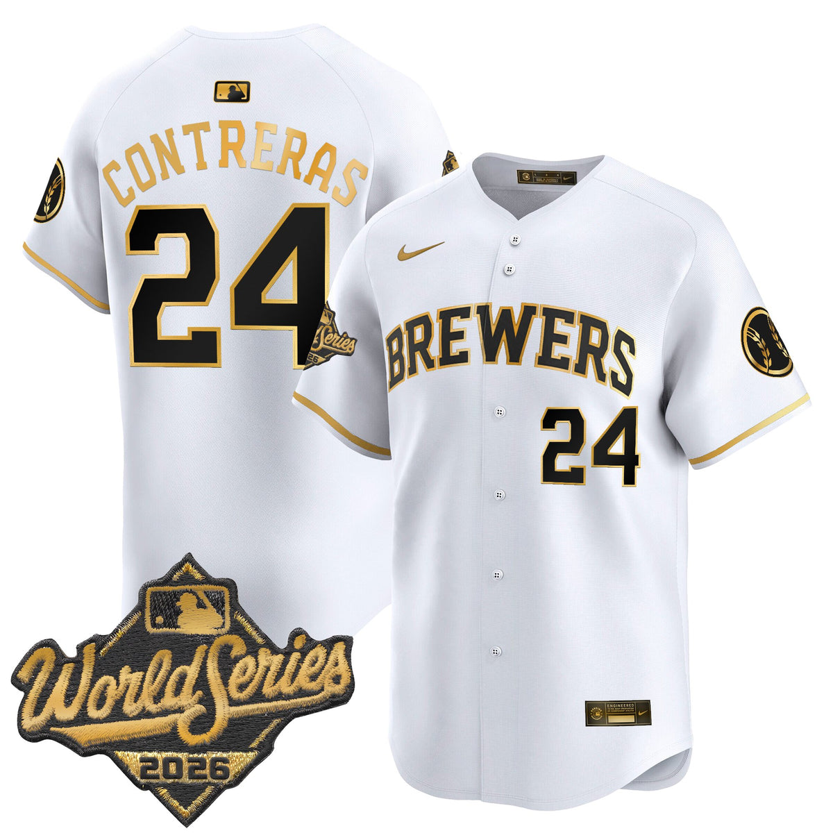Men's Milwaukee Brewers 2026 World Series Vapor Premier Limited Jersey - All Stitched - White Gold - William Contreras