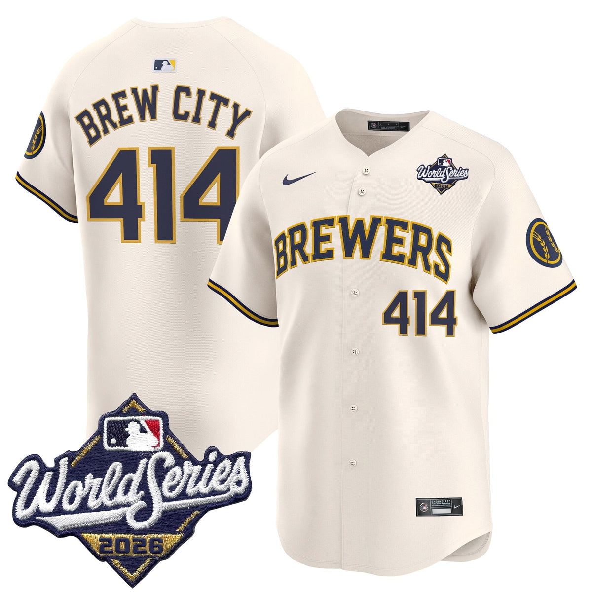 Men's Milwaukee Brewers 2026 World Series Vapor Premier Limited Jersey V2 - All Stitched - Cream - Brew City 414