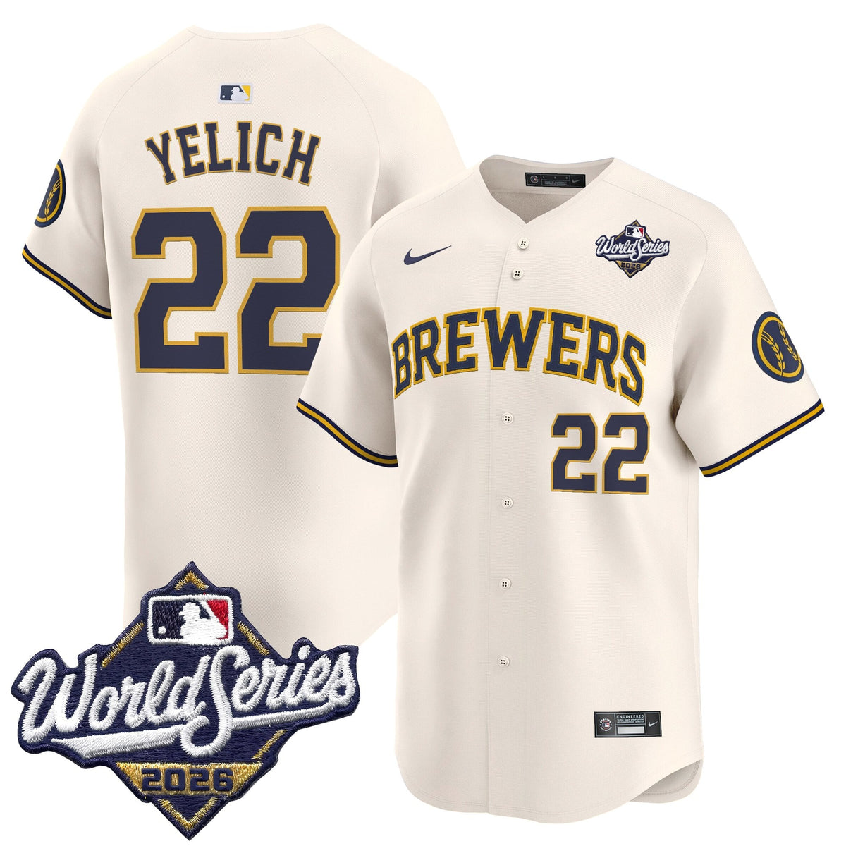 Men's Milwaukee Brewers 2026 World Series Vapor Premier Limited Jersey V2 - All Stitched - Cream - Christian Yelich