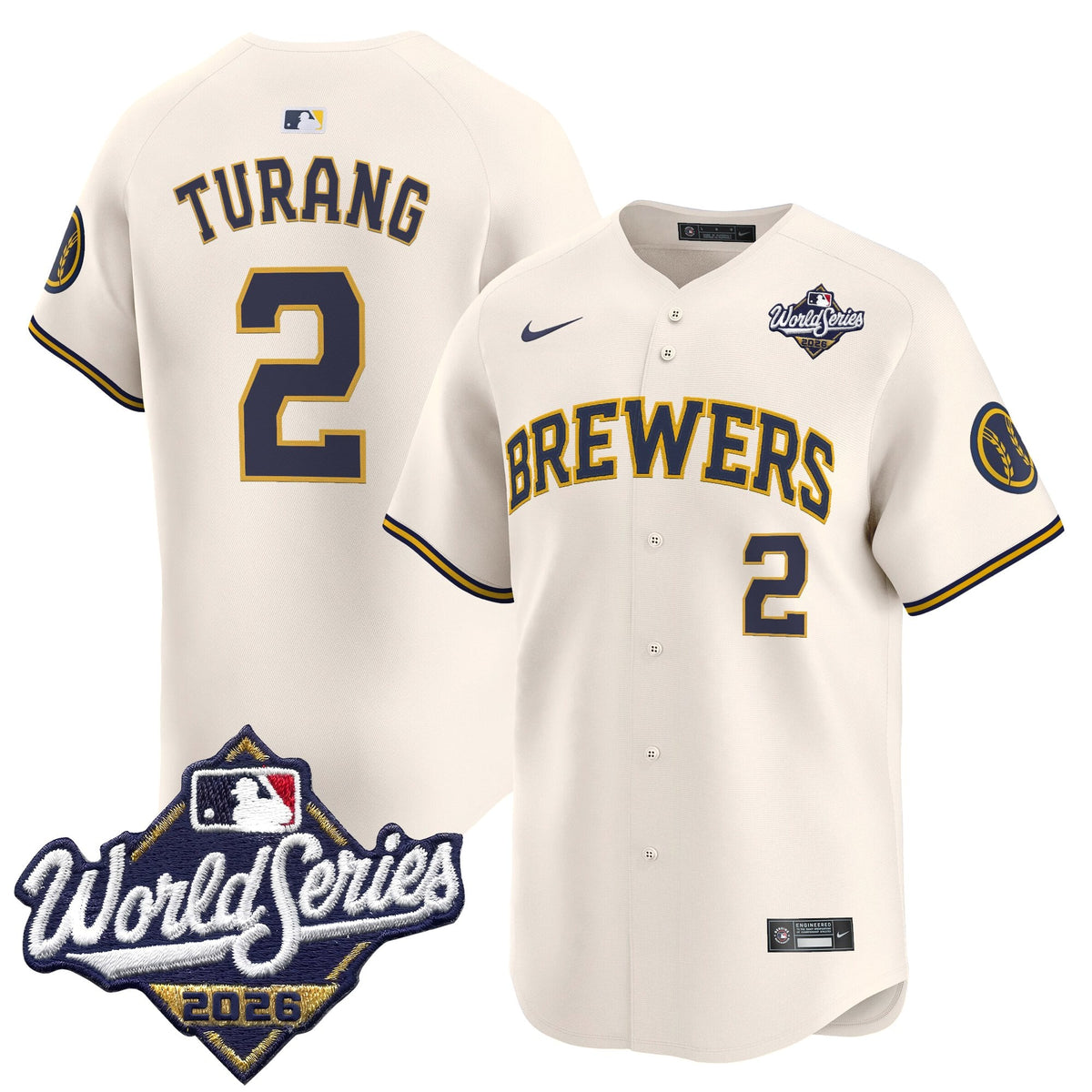Men's Milwaukee Brewers 2026 World Series Vapor Premier Limited Jersey V2 - All Stitched - Cream - Brice Turang