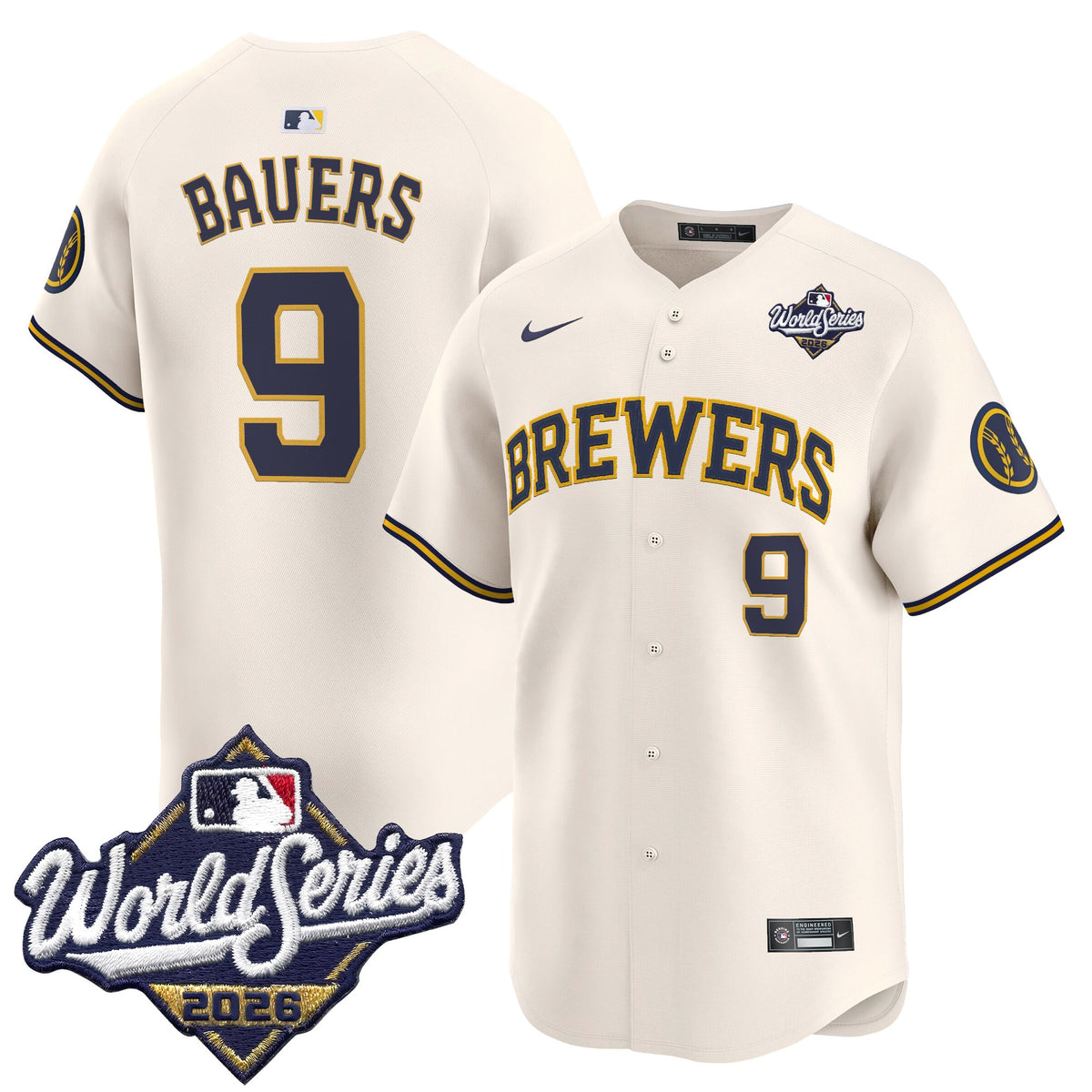 Men's Milwaukee Brewers 2026 World Series Vapor Premier Limited Jersey V2 - All Stitched - Cream - Jake Bauers