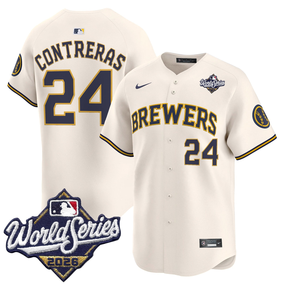 Men's Milwaukee Brewers 2026 World Series Vapor Premier Limited Jersey V2 - All Stitched - Cream - William Contreras