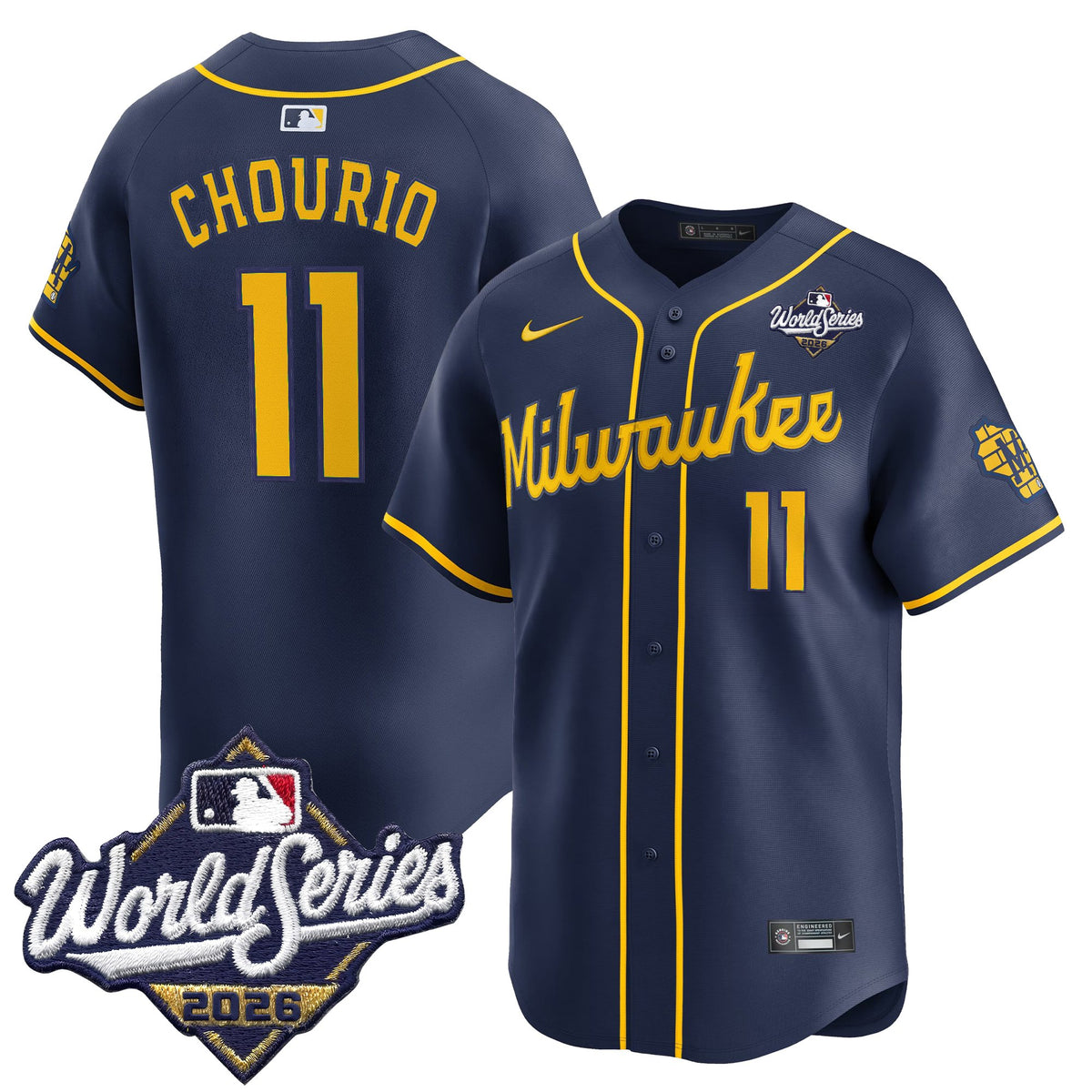 Men's Milwaukee Brewers 2026 World Series Vapor Premier Limited Jersey V2 - All Stitched - Navy - Jackson Chourio